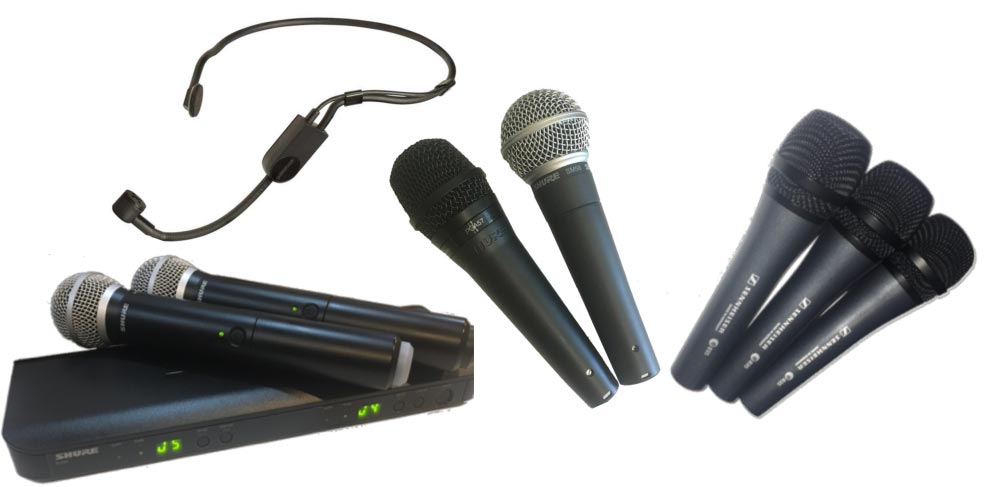 Handheld wireless mics, wireless headset mic, handheld wired mics including Shure SM58 and Sennheiser E835