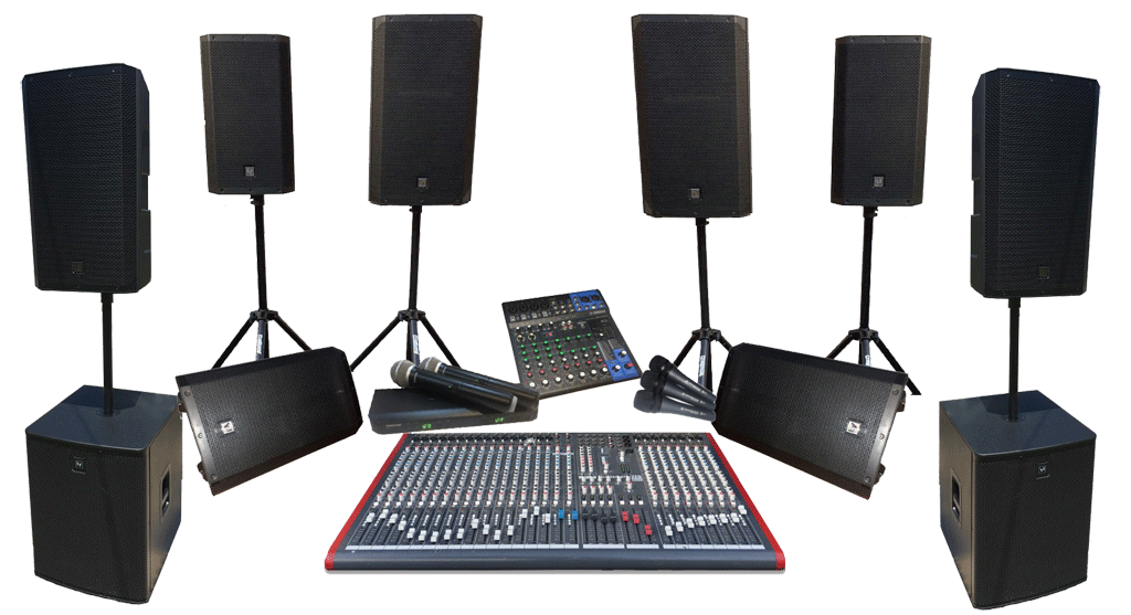 PA Hire including speakers, subwoofers, microphones, wireless microphones, mixers, monitors and holdbacks