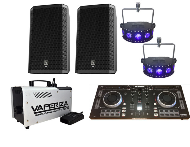 DJ party pack with speakers, lighting, DJ controller and smoke machine