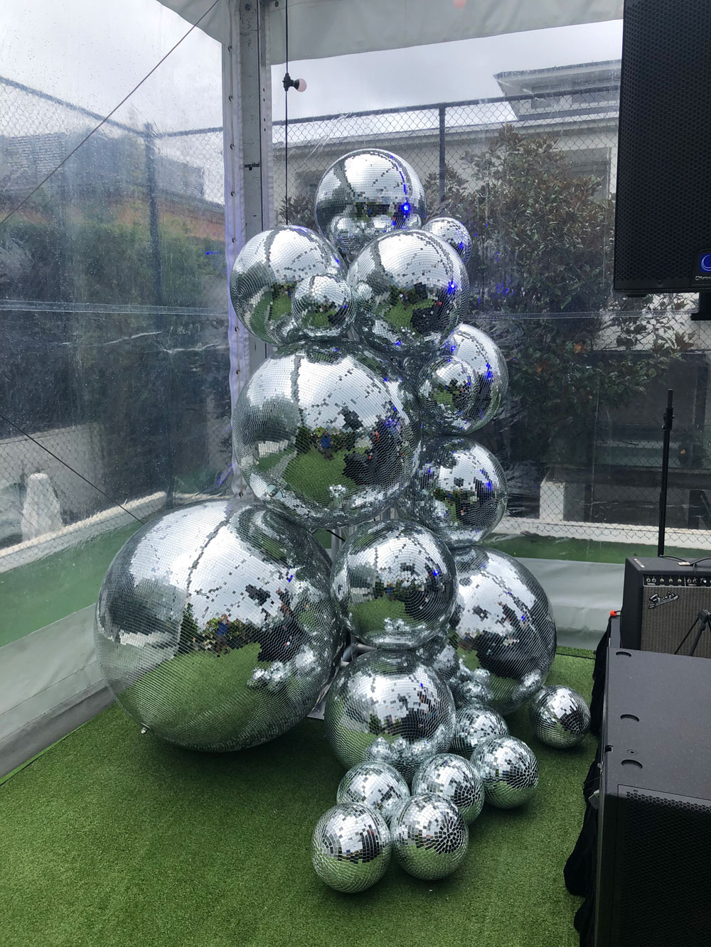 Disco balls illuminated by two Showtec moving heads